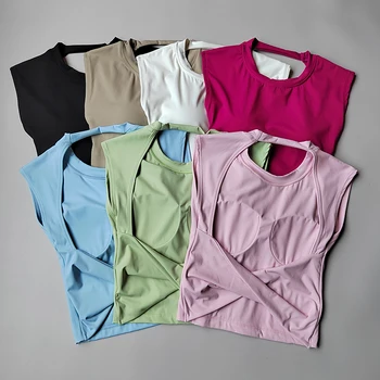Yoga Short-sleeved Women's Fixed Chest Pad Running Gym Sexy Backless Short Training Sports T-shirt Waist Slimming Fitness Vest 1