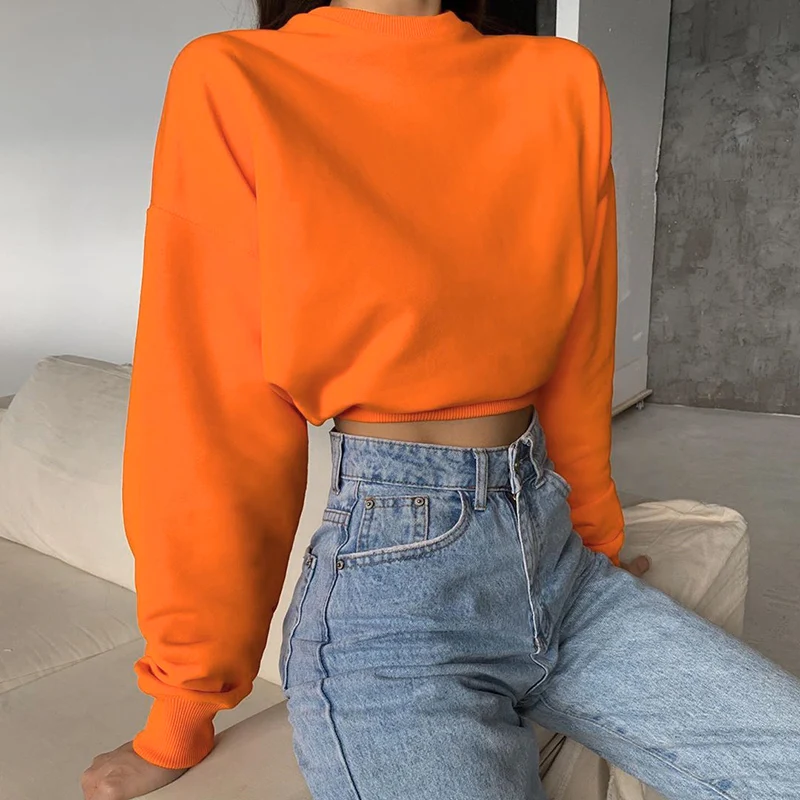 2023 New Sports Shirt Long-sleeved O-neck Cotton Pullover Crop Top Casual Loose Autumn Sweatshirt Ladies Sportswear Streetwear