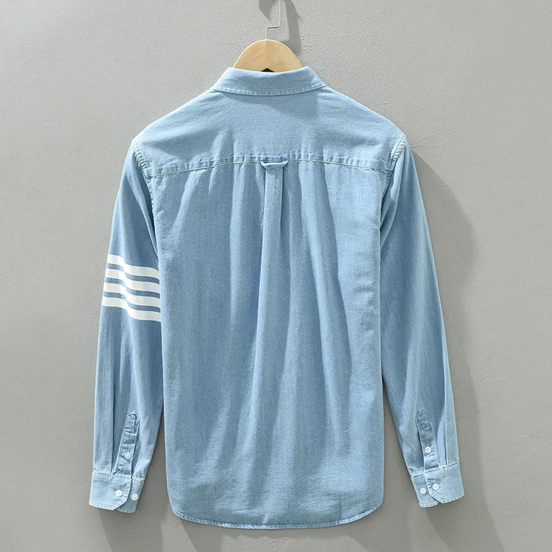 Long Sleeve Denim Shirt for Men Pure Cotton Casual Cowboy Tops Clothing Male Stripes Button Up Shirt