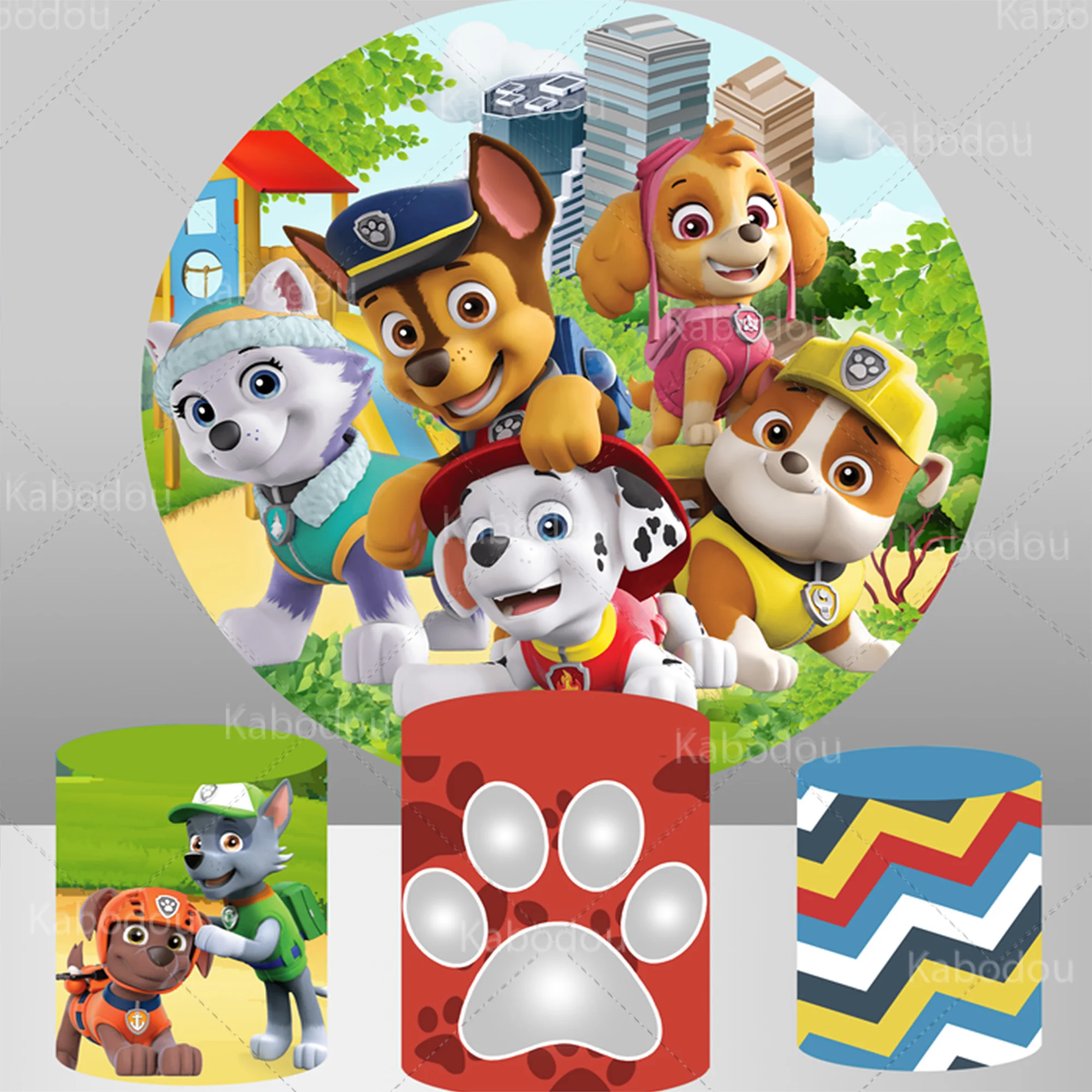 

Paw Patrols Round Backdrop Boys Birthday Party Banner Decoration Photography Background Poster Stripe Cylinder Cover Booth Props