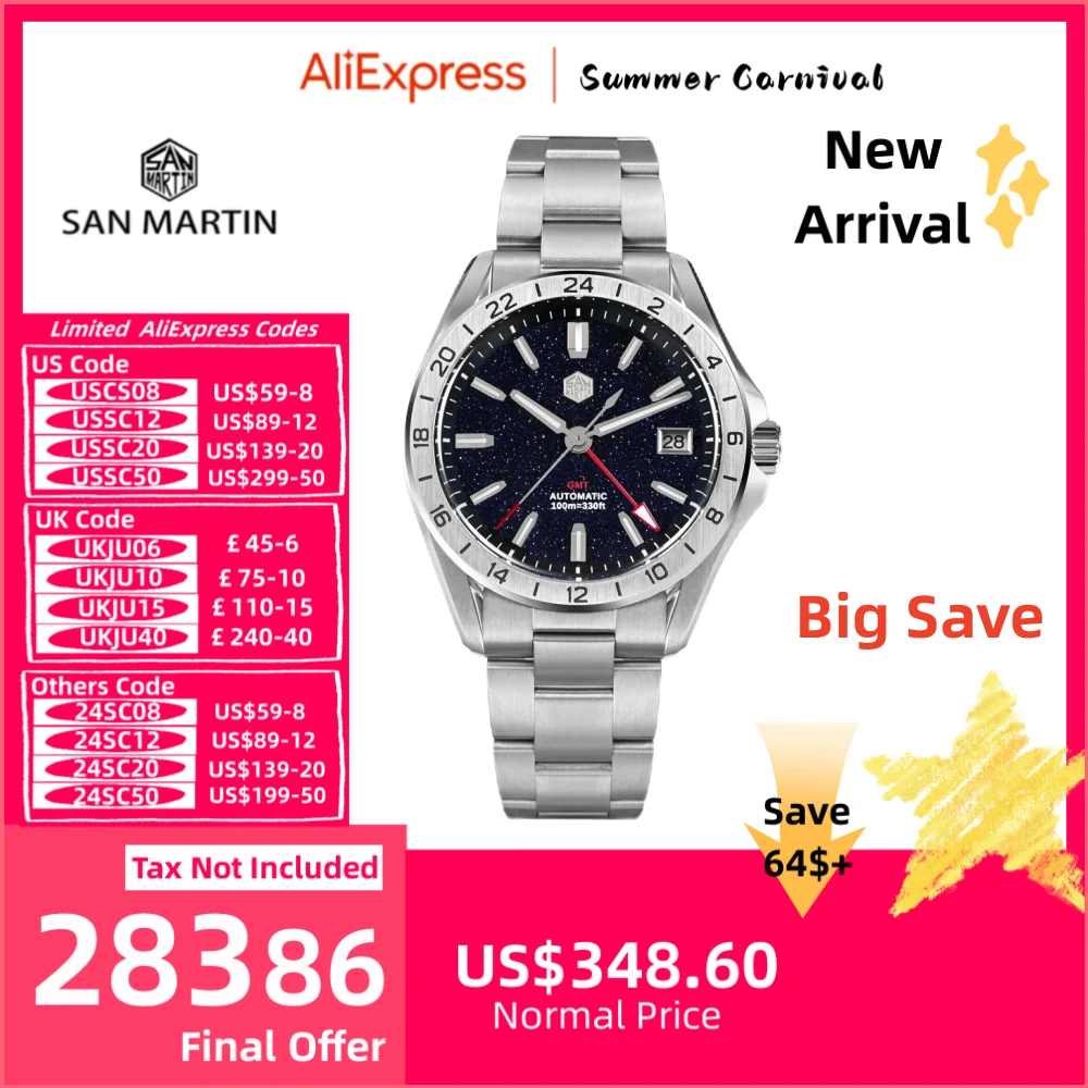 San Martin 남성용 원석 다이얼 방수 팔찌 시계, 손목 시계, 럭셔리 NH34 10Bar 사파이어 야광 몬트르 SN0129B, 39mm