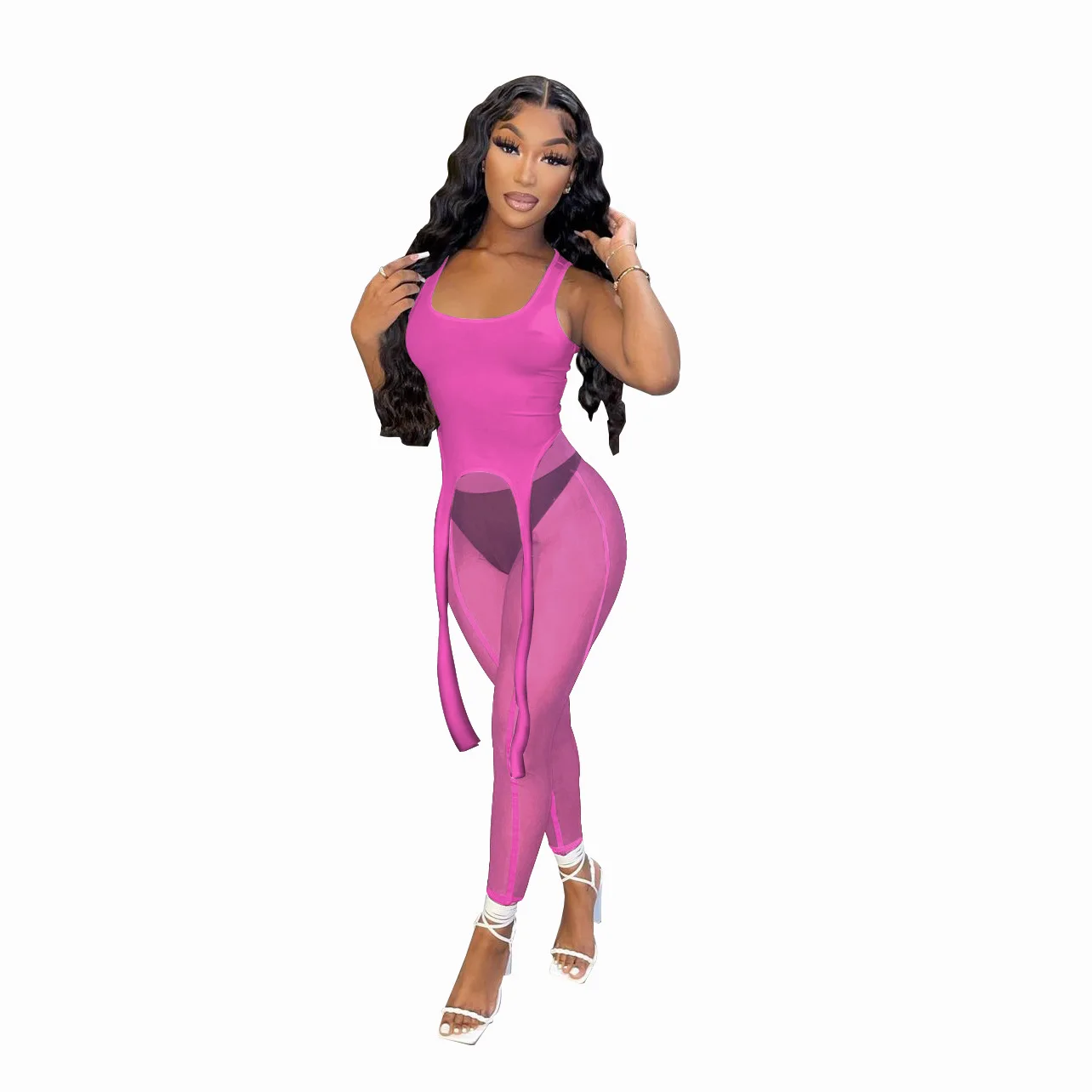 

New Design Mesh Patchwork Trank Crop With Pencil Pants Womens Two Piece Sets