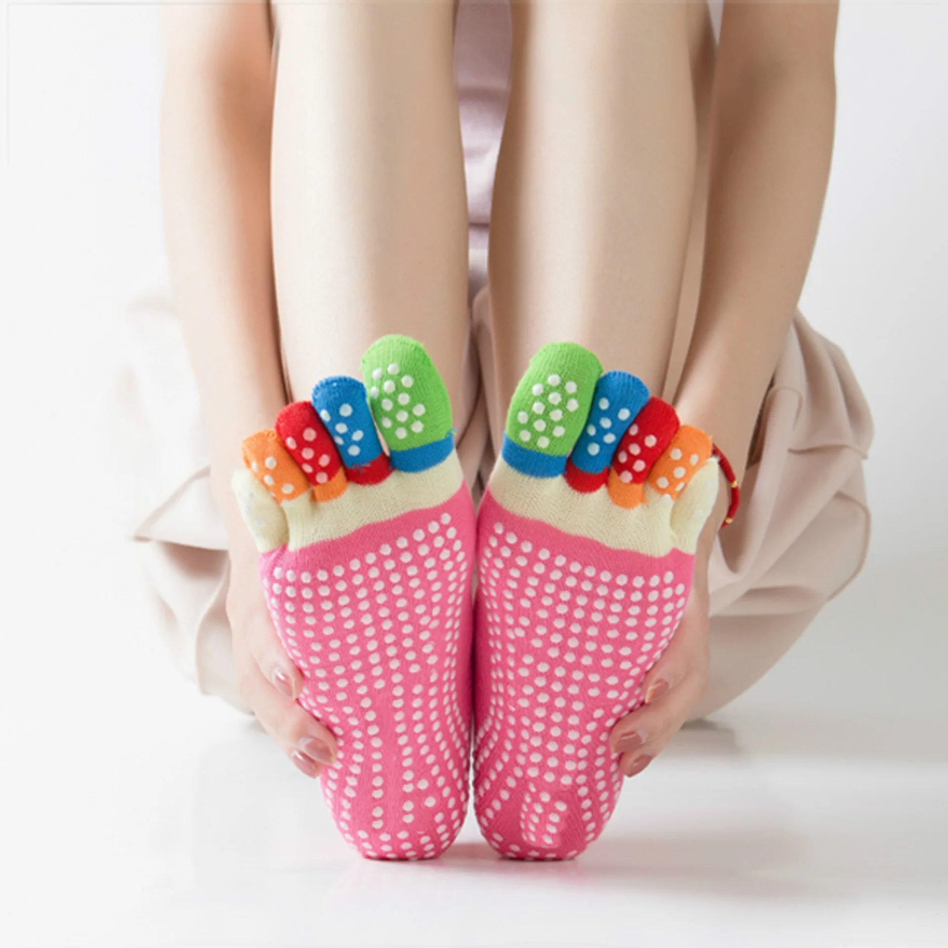 6 Pairs Yoga Socks Non-Slip Pilates Socks Colorful Comfortable Cotton Full Toe Grip Five Finger for Ballet Dance Lover