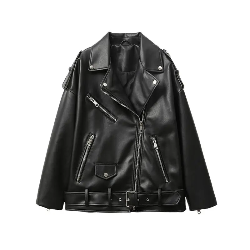 

Black PU Biker leather Jacket 2023 New Women motorcycle leather PU imitation leather loose Jackets Slim Fit Aviator Coats XS-XL