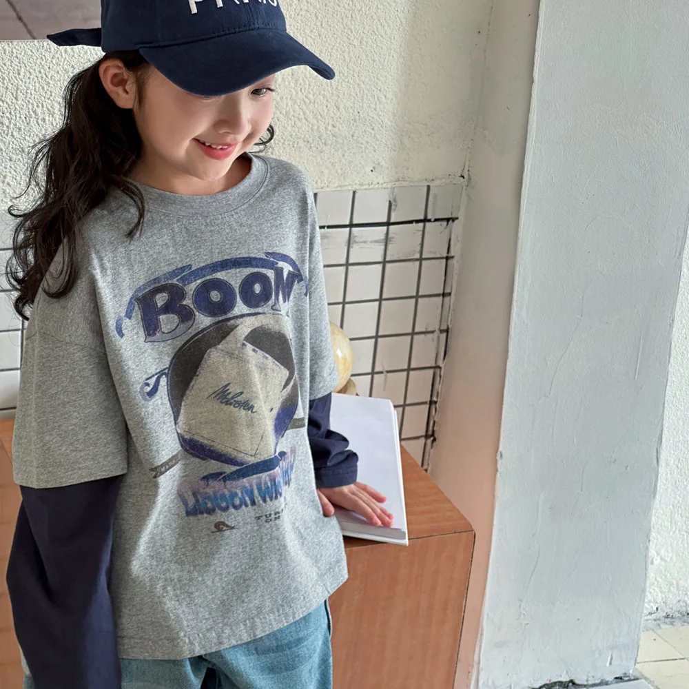 

Блузка для девочек, Новинка лета 2024, детская одежда, большой детский комплект в Корейском стиле, свободная хлопковая рубашка с имитацией двух предметов, повседневный простой комплект