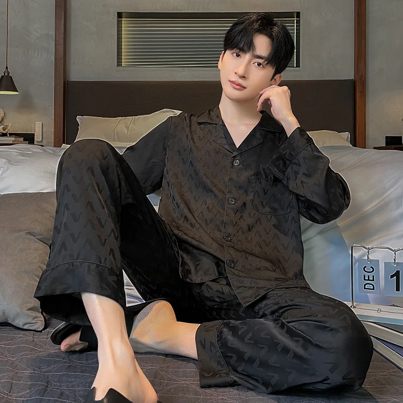2024 New Spring Autumn Ice Silk Large Size Sleepwear Long Sleeved Thin Style Summer Men's Homewear Two-piece Set Loose Lapel