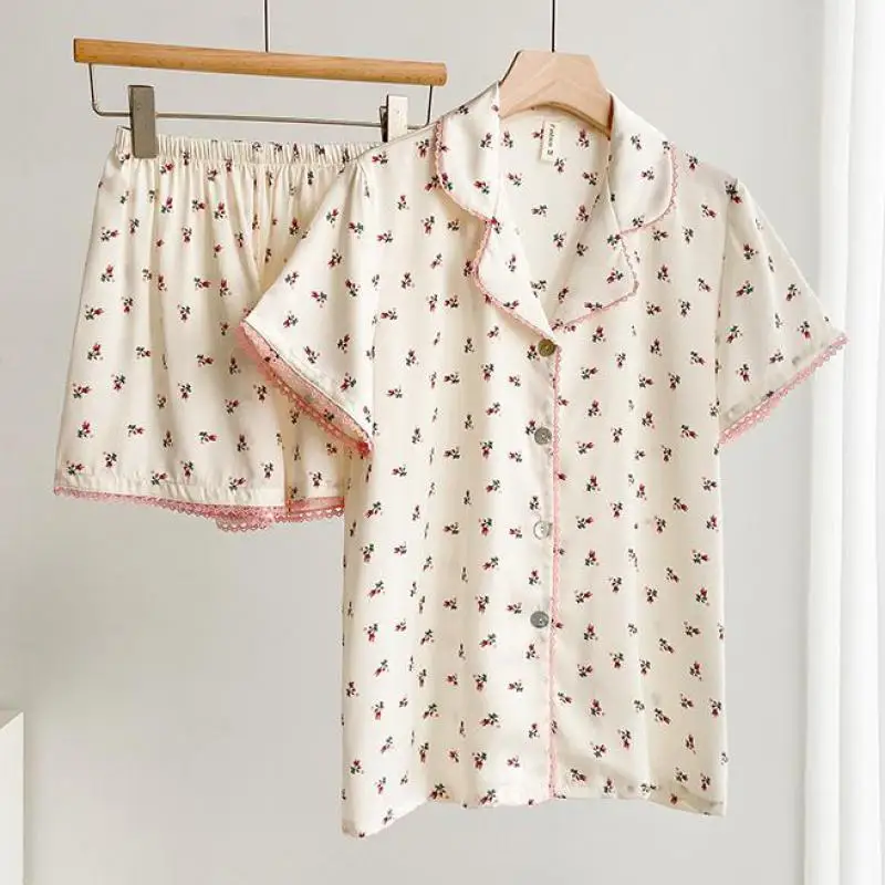 

Пижамный комплект с эластичным поясом, женская летняя рубашка с коротким рукавом и искусственная кожа, домашняя одежда, повседневная одежда для сна с отворотом, одежда для отдыха