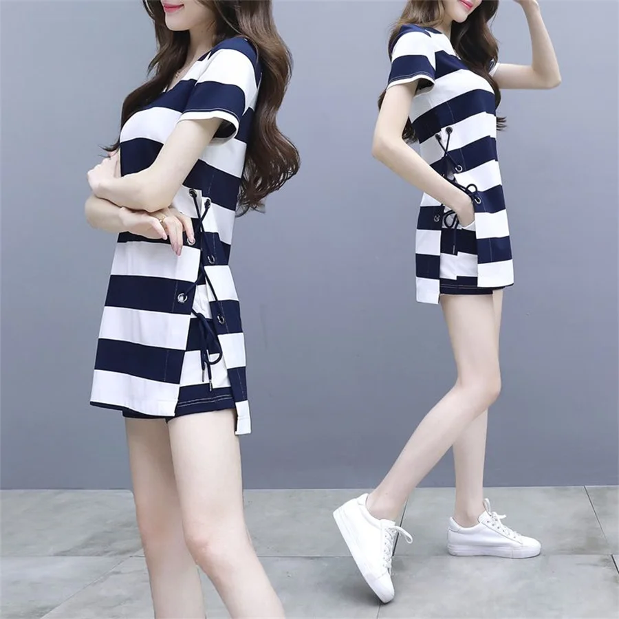

Women's 2023 Summer New Casual Korean Stripe Shirts Tops Shorts Suit Slim Home Clothes Two Piece Set For Girl Running Tracksuit