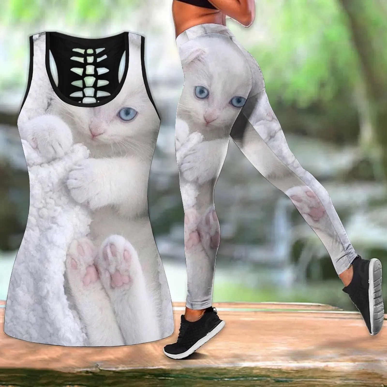 

Summer Fashion Sport Yoga Suit Cat Towel Print Yoga Pants Set XS-8XL