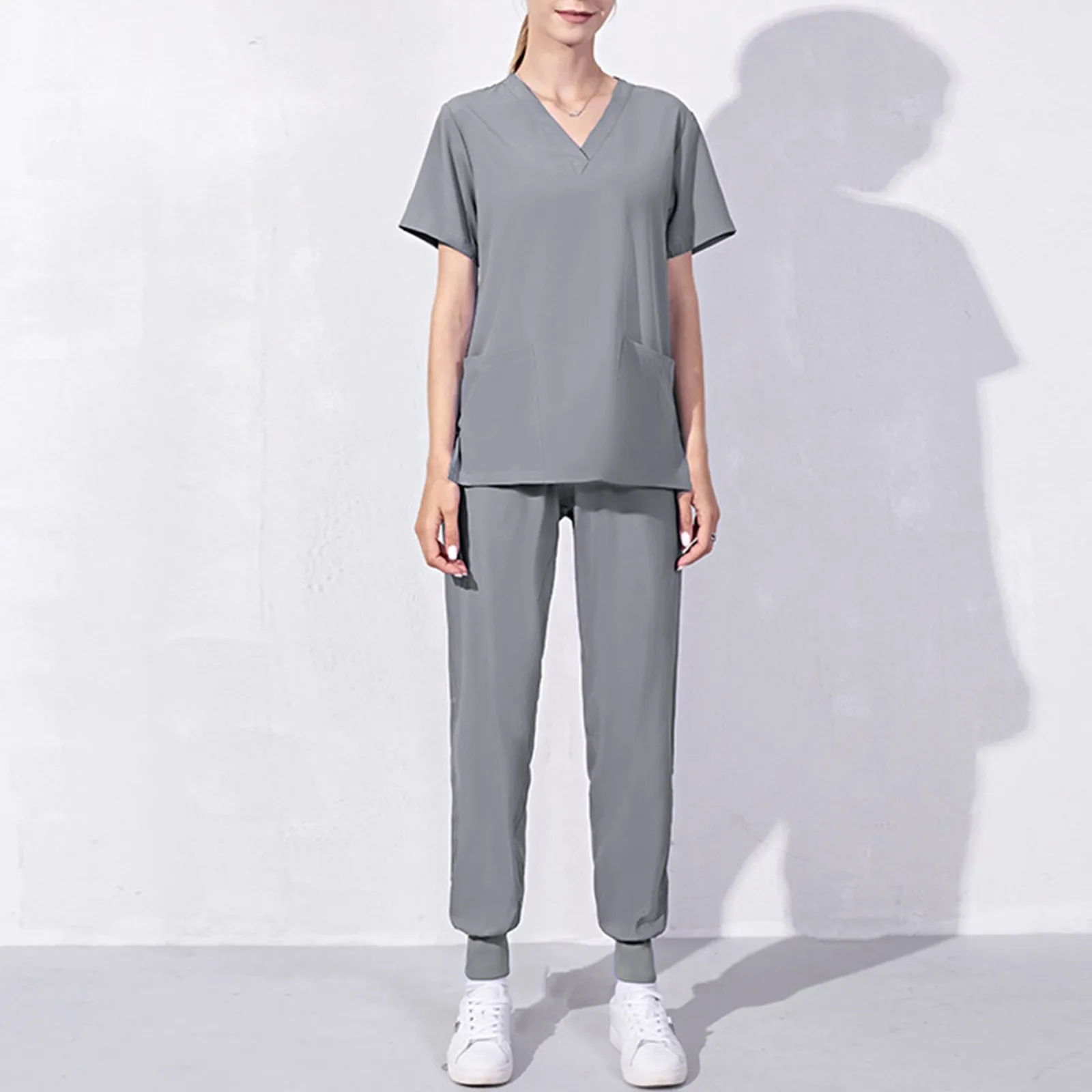 

Summer Breathable Thin Nurse Uniform Set Blouse V Neck Elastic Hospital Scrubs Suits Short Sleeve And Long Pants Overalls Set