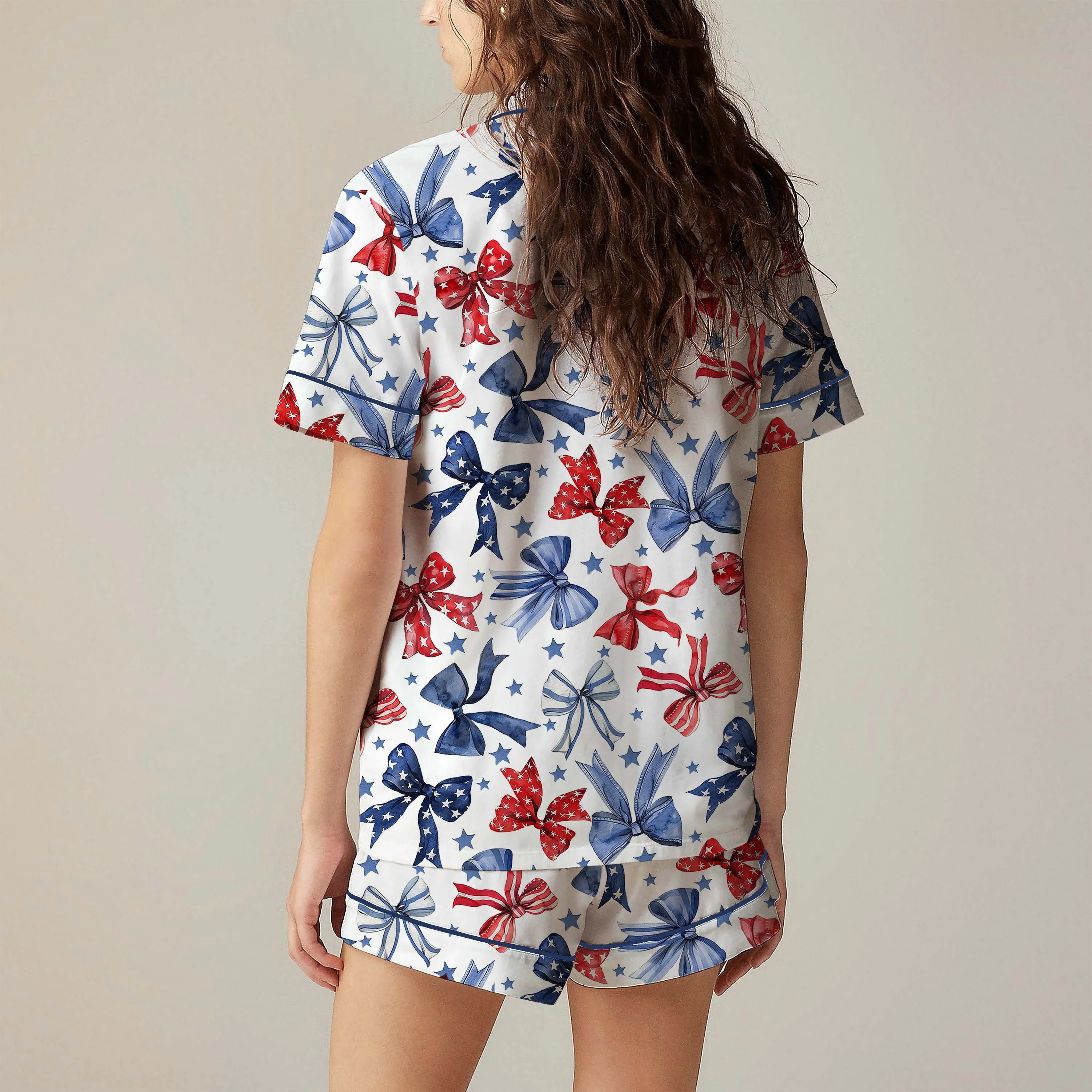 Conjunto de pijama feminino 4 de julho bandeira americana manga curta botão tops shorts de cintura elástica roupa de dormir de 2 peças 5