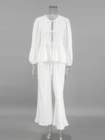 Marthaqiqi Winter Women Pajamas Suit Lace Up Sleepwear Long Sleeve Nightgowns O-Neck Nightwear Pants Casual Ladies Home Clothes - Image 4