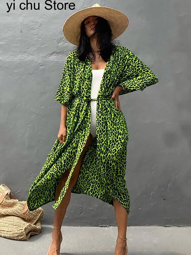 

New Boho Leopard Print Beach Dress Swimsuit Cover Up Summer Women Kimono Long Dresses Beachwear Cover-ups Kaftan Bath Clothing