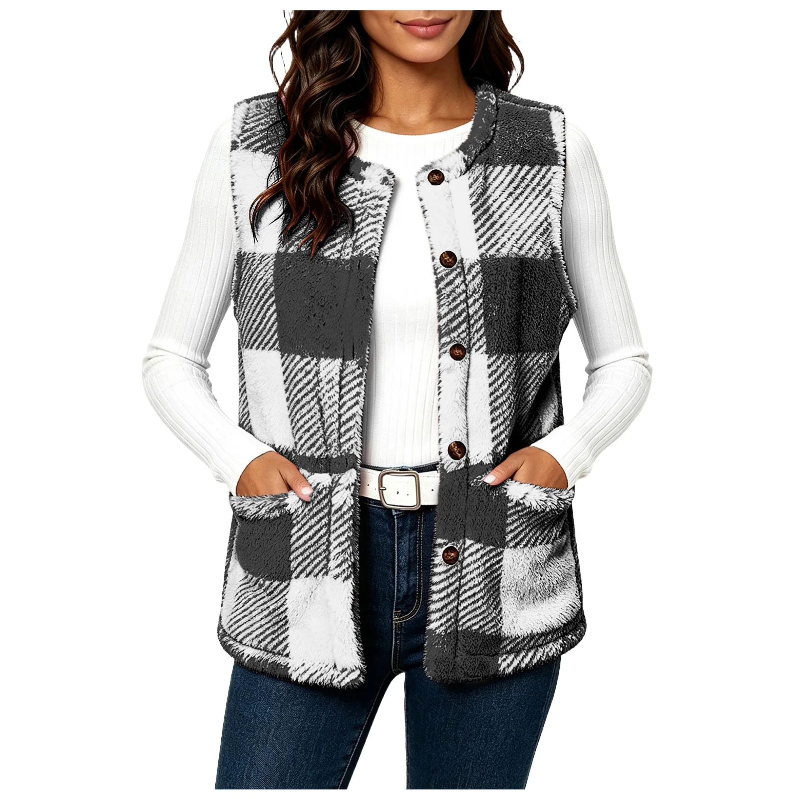 Fall Winter Warm Fleece Vest For Women Thickened Plush Waistcoat Outerwear Female Sleeveless Button Up Jackets With Pockets