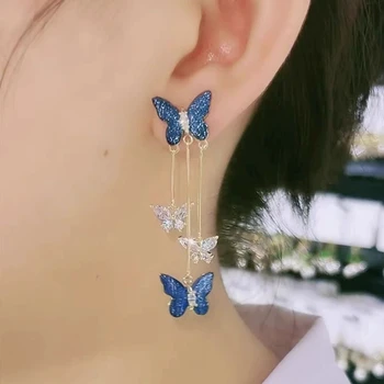 925 Silver Needle Blue Purple Butterfly Long Tassel Earrings For Women Jewelry 2025 Trending New Korean Crystal Drop Earrings