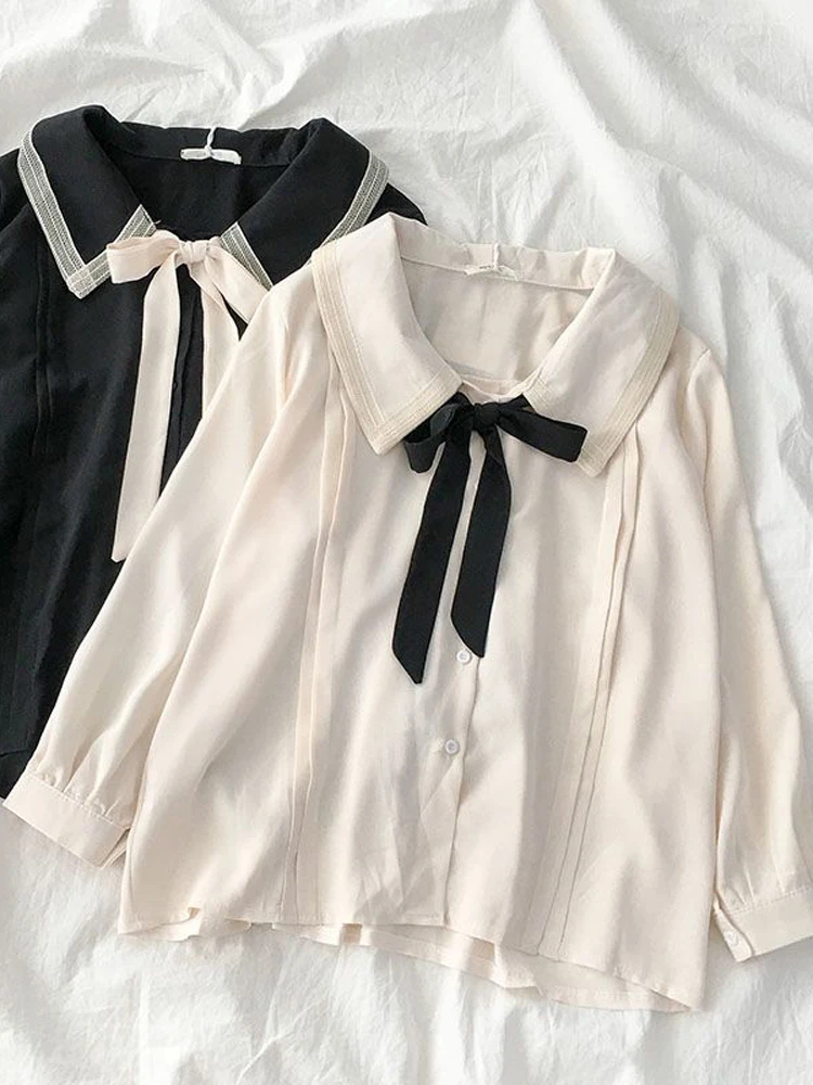 

Рубашка женская в японском стиле Харадзюку, милая Повседневная Блузка в стиле преппи, Топ с длинным рукавом и воротником «Питер Пэн», милые свободные блузки, весна