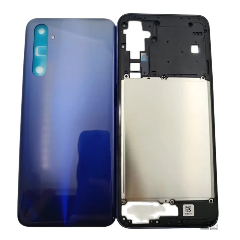 Oppo Realme 6 RMX2001 휴대폰 하우징 중간 프레임 + 로고 교체 부품이 포함된 배터리 뒷면 커버 케이스 패널
