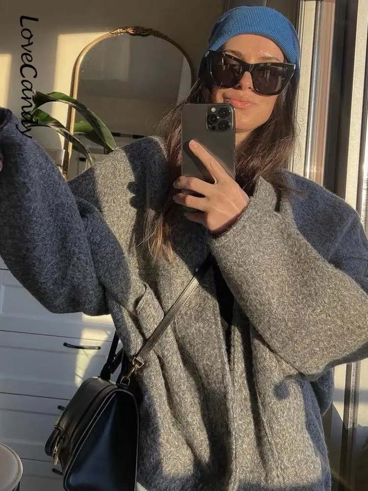 30559-55e889.jpg Women's Casual Loose Stand Collar Jackets 2023 Spring Warm Grey button Long Sleeve Bombers Fashion Plush Solid Female Outwear - Image 1