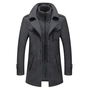 Moda medio lungo giacca maschile doppio colletto cerniera cappotto frangivento soprabito di lana autunno inverno Trench di lana 1