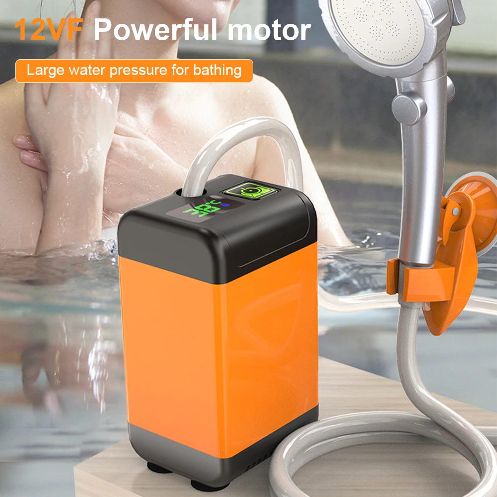 Portable Camping Shower Electric Shower Pump 1/3 Gear Rechargeable Camp Temperature Display for Camping Hiking