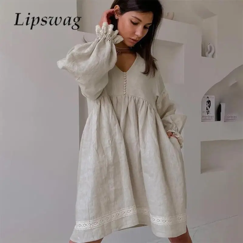 

Casual Ladies Solid Color Lace Patchwork Mini Dress Autumn French Cotton Linen Dress Women V Neck Lantern Sleeve Loose Dress New