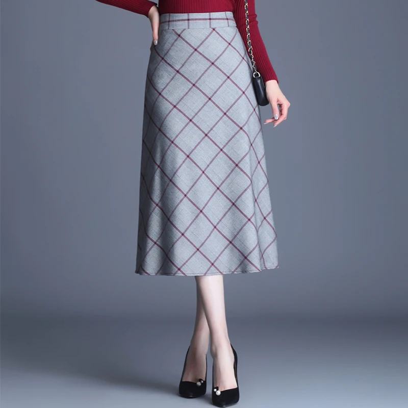 

Autumn Winter Cute Skirts Long Women Hot Fashion Korean Style Design Slim A Line red line Gray Plaid High Waist Vintage Skirts