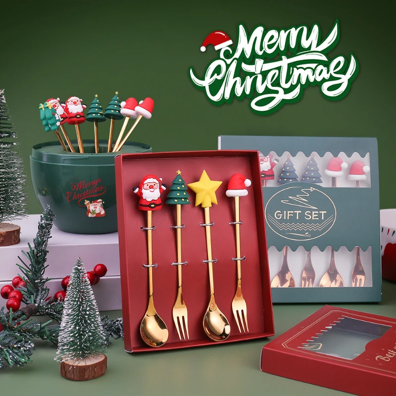 

4pcs/set Christmas Spoon with Box Creative Christmas Gift Cutlery Sets Stainless Steel Elk Xmas Decor Dessert Coffee Spoons