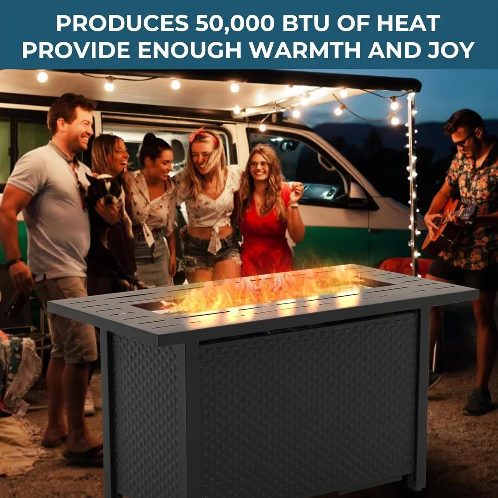 Propane Fire Pit Table 45 Inch 50,000 BTU Square Outdoor Gas Firepit with Steel Tabletop Glass Wind Guard Blue Glass