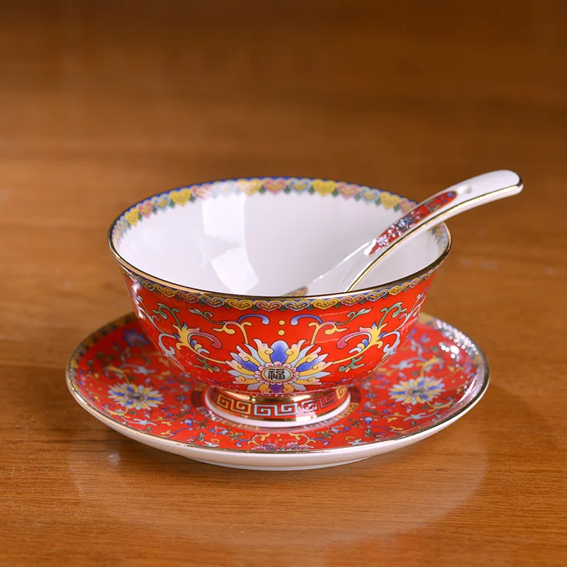 

Jingdezhen-Ceramic Chinese Rice Bowl and Spoon Set, Antique Household Tableware, Hotel Customized