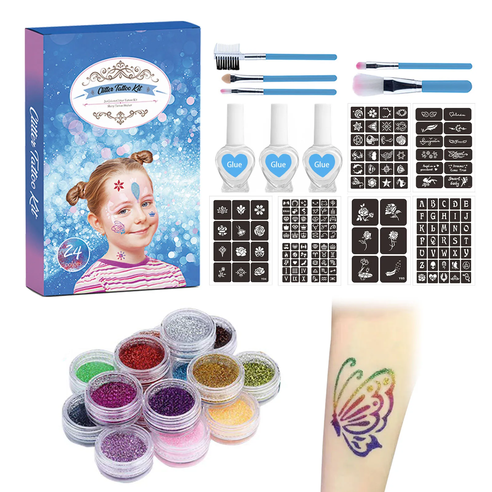 Colorful Diamond Glitter Temporary Tattoo Set Glitter Powder Makeup Brush Tattoo Glue Party Face Body Art Kits For Kids tattoo kit,tattoo supplies