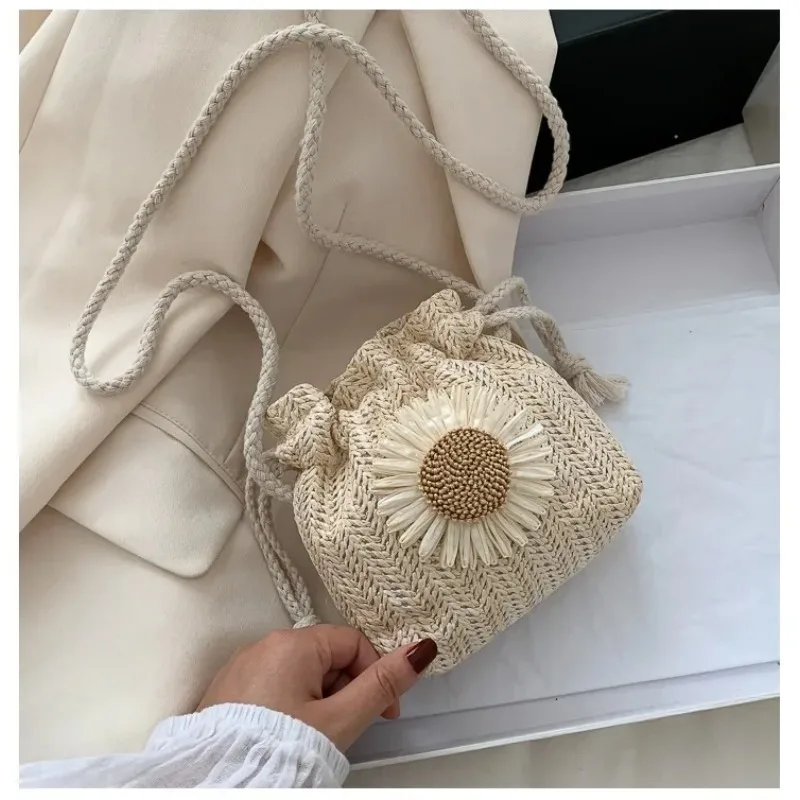 Straw Shoulder Bucket Bag with Flower Embroidery for Women