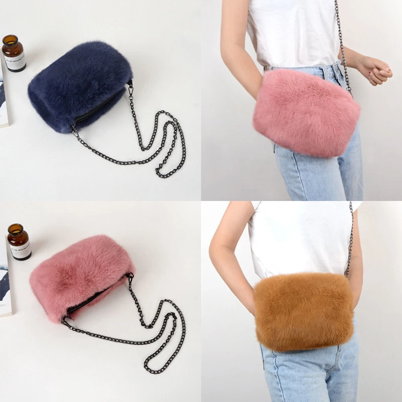 Real Fur Bag Fuzzy Fashion Luxury Fluffy Shoulder Bag Winter Plush Women Warm Hand Purses And Handbags Crossbody Bags For Women