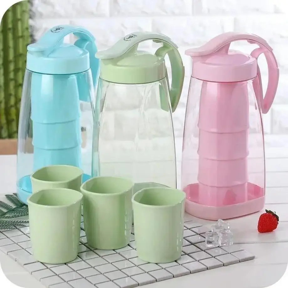 3Pcs/5Pcs Set Simple Sealed Plastic Cold Water Bottle Water Set Water Juice Pot Creative Press Water Bottle Color Set Randomly