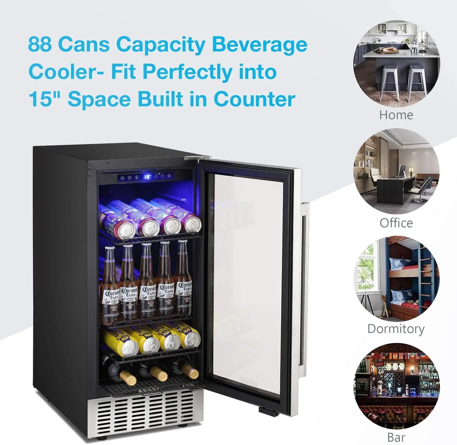 15 Inch Beverage Refrigerator Under Counter Built-in Wine Cooler Mini Fridge Clear Glass Door Digital Memory Temp