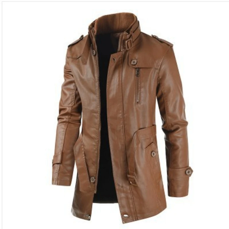 New men's jacket, long leather Jacket with standing collar, plush and thick windproof PU leather jacket, extended dress