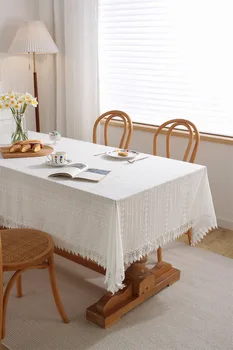 Cotton hollowed out white embroidered coffee table tablecloth