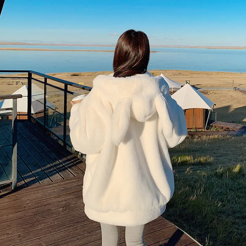 Coat Women's Pure White Thick Warm Cartoon Rabbit Ear Shape Loose Casual Cute Lamb Wool Long Sleeve Temperament Commute Comfort