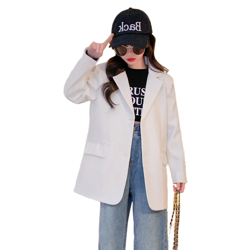 

Новинка 2023 года; Сезон весна-осень; Белые блейзеры для девочек; Детские однотонные модные куртки; Детская одежда; Верхняя одежда для подростков от 12 лет