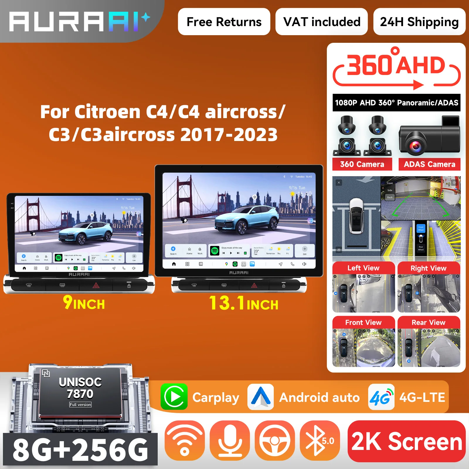 AURAAI X100 AI Carplay Android Auto Radio für Citroen C3 C4 Aircross 2017 - 2023 Multimedia-Player 2K ADAS 360 Kamera GPS Bildschirm