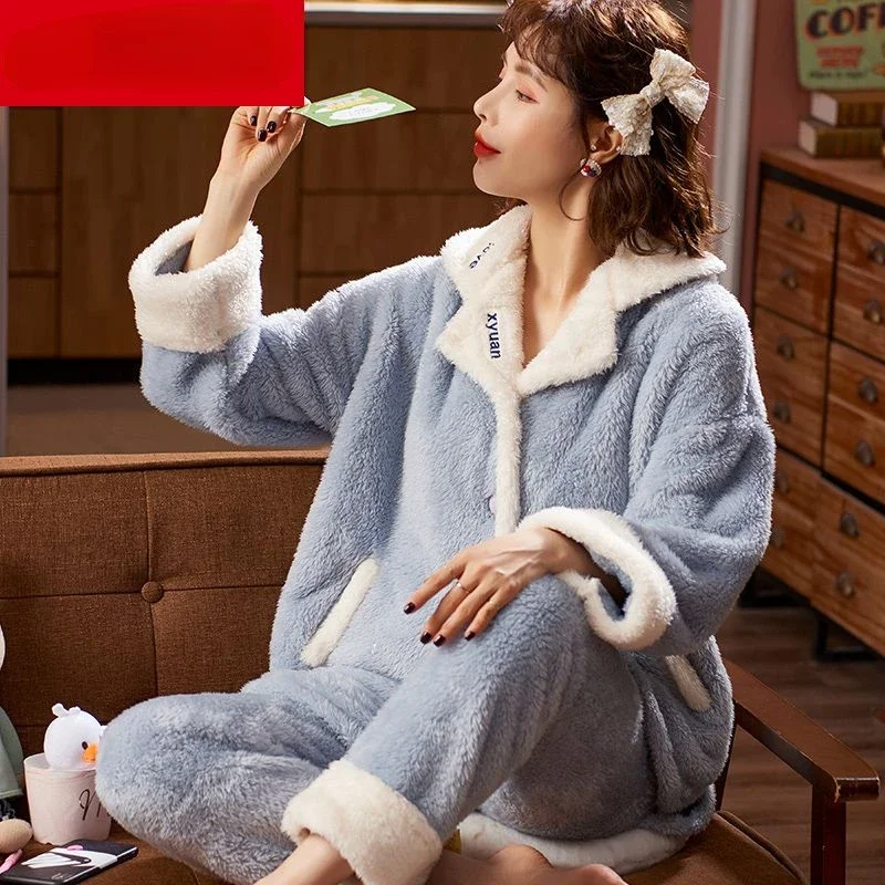 New Sleepwear Women Autumn Winter Sleepwear Warm Thicken Pajamas Set Flannel Long Sleeve Nightwear Trouser Coral Fleece Homewear