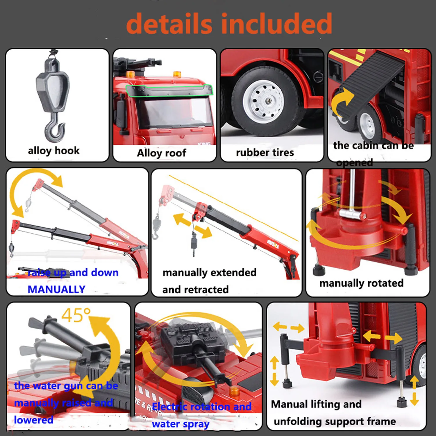 HUINA 1/18 Scale 1362 Plastic Remote Control Fire Fighting Truck 2.4G 9CH Sprinkler Car Red Radio Remote Control Toy Model 5
