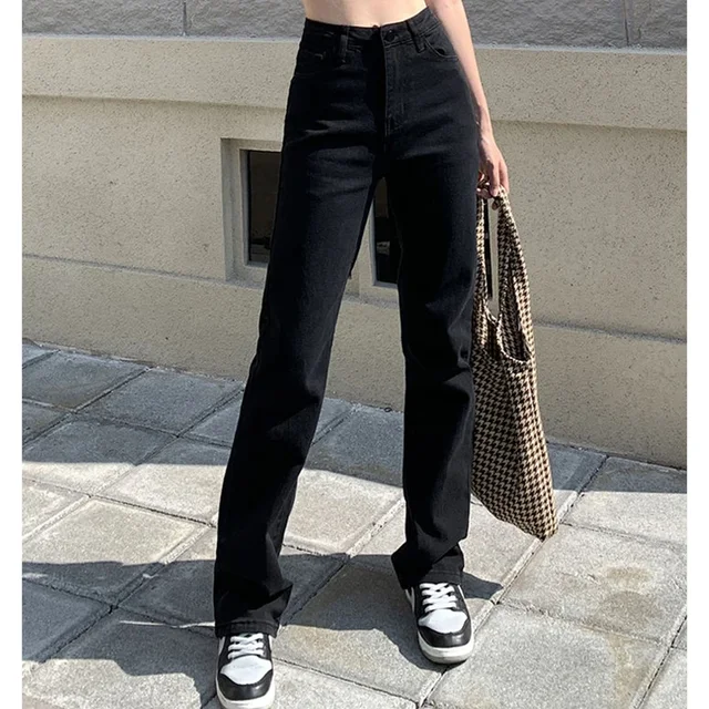 Femme coréenne taille haute Streetwear jambe droite jean filles Y2k vêtements pantalon femme mode noir Baggy Harajuku Denim pantalon 1