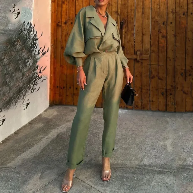 Jada Lapel V-neck Long Lantern Sleeve Pant Set 2