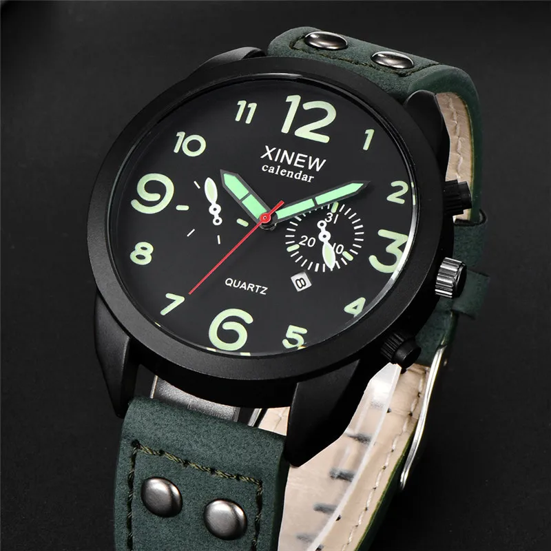 Men XINEW Brand Cheap Watches Students Fashion Simple Leather Band Army Date Quartz Watch Erkek Barato Saat Reloj Hombre 2024