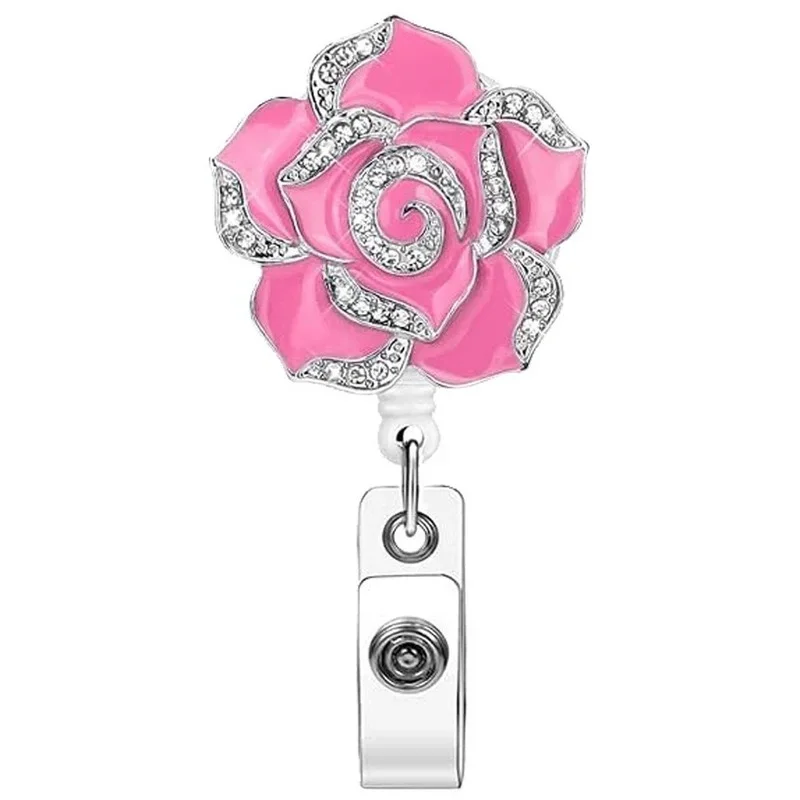 Rose Flower Diamond Badge Reel ID Holders Tag Clip Name Badges Work Pass Card Reels Retractable Lanyard Chest Tag Clip Reel badge holder retractable badge reel
