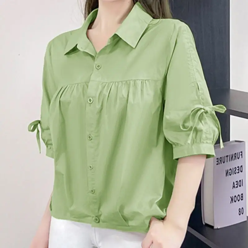 Fashion Drawstring Bow Loose Shirt Spliced Female Clothing Solid Color Summer Single-breasted Commute Turn-down Collar Blouse