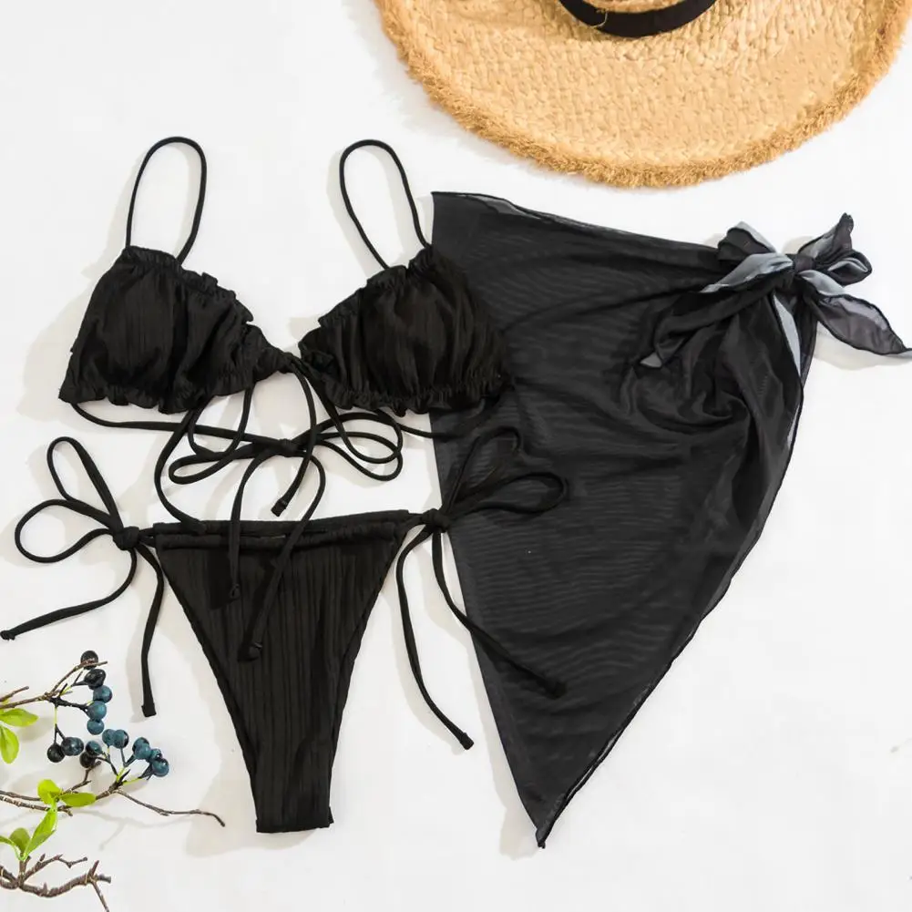

3Pcs/Set Pleated Ruffle Trim Pads Wire Free Bikini Cover Up Set Sling Bra Low Rise Briefs Skirt Set Beachwear