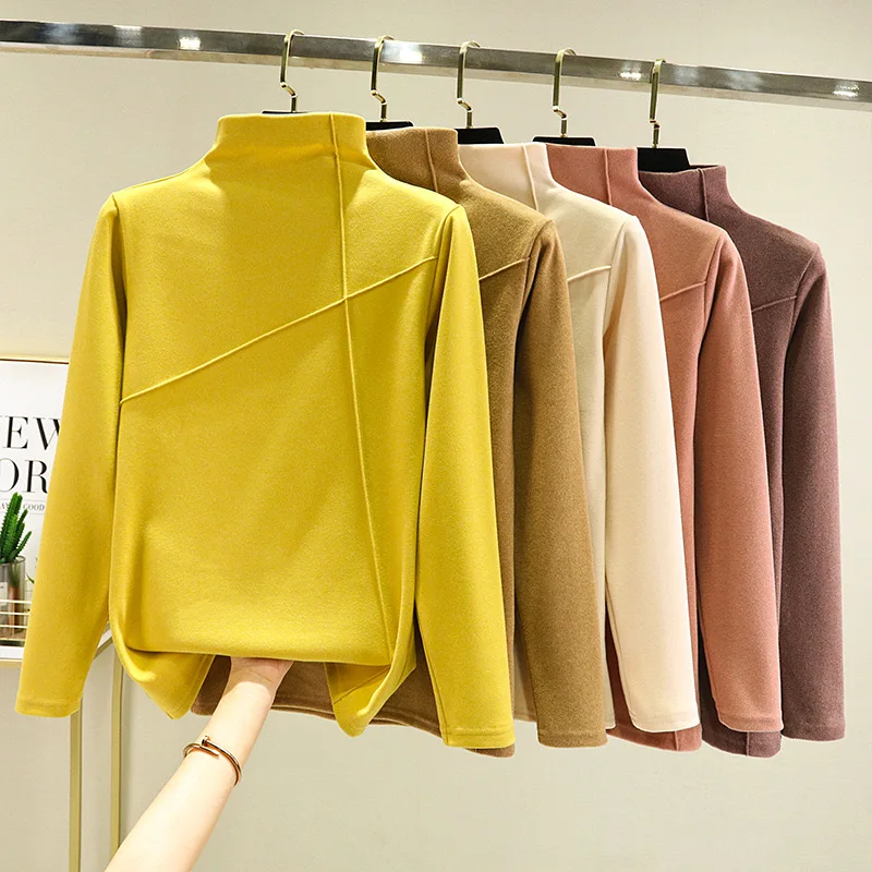 

Fdfklak Seamless Half High Neck Bottoming Shirt for Women Warm Plus Velvet Long-Sleeved Jumper Autumn Clothes New Yellow Green