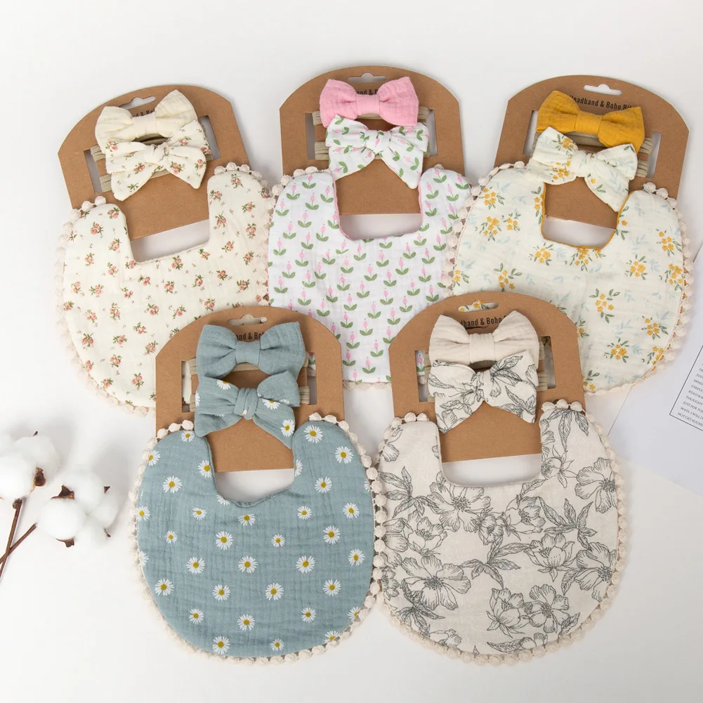 3Pcs/set Baby Flower Bibs Headbands Nylon Hair Bows Feeding Burp Cloth Scarf for Boys Girls Infant Headwear Accessories