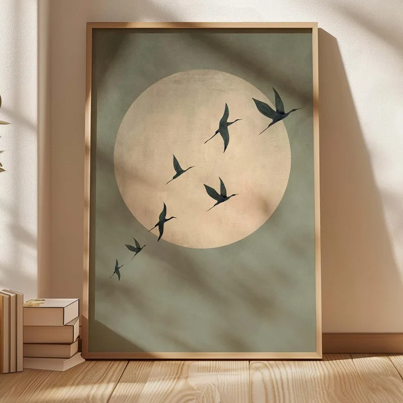 Japandi Sage Green Abstract Sun and Birds Wall Art - Large Frameless Canvas